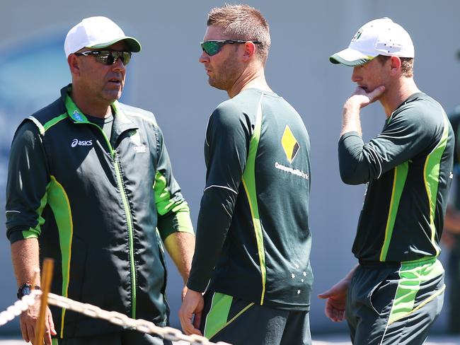 Coach Darren Lehmann with Michael Clarke and George Bailey during the Australian One-Day cricket squad training at the SCG. pi. Phil Hillyard
