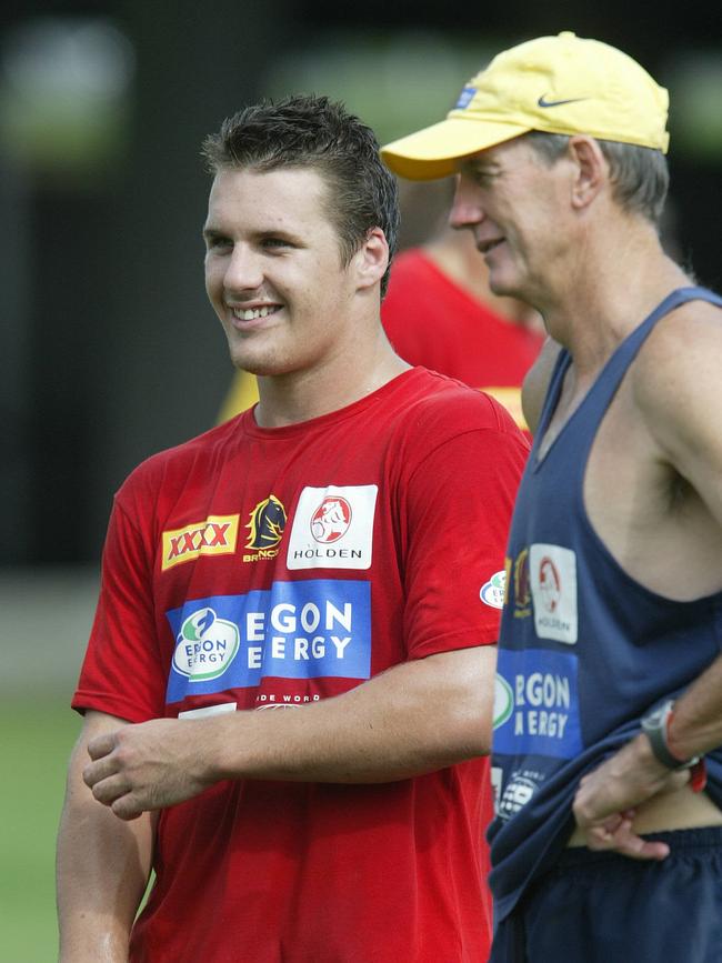 Brett Seymour with coach Wayne Bennett in 2003. Picture: David Kapernick