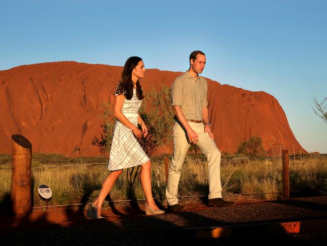 Prince William and Duchess Kate watch on as the sun sets on Uluru. Picture: Gregg Porteous