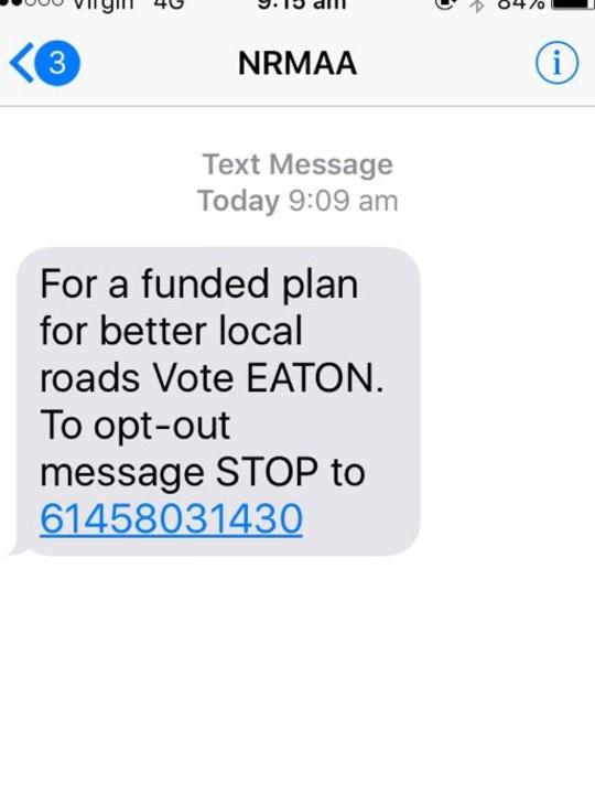 A text message supporting Central Coast independent Doug Eaton, sent from the “NRMAA”.