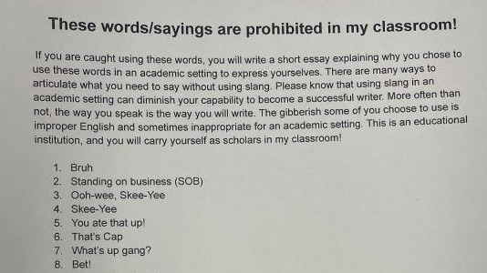 A teacher has banned a long list of Gen Z phrases in the classroom. Picture: @hearts4zaniyahh/X