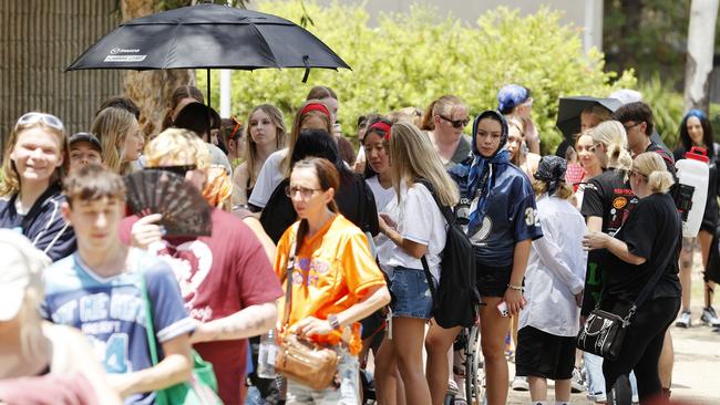 Billie Eilish fans lining up in the middle of the day for Tuesday night’s concert. Picture: Lachie Millard