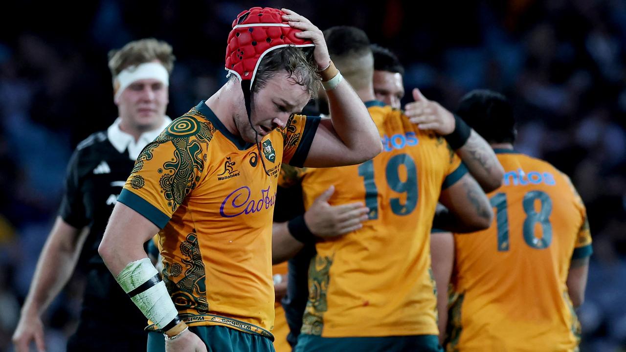 Wallabies skipper Harry Wilson is dejected after his side’s narrow loss to New Zealand. Picture: Saeed Khan / AFP