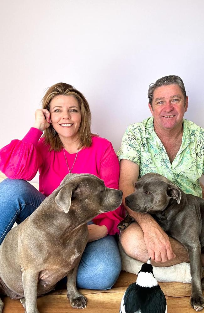 Juliette Wells and Reece Mortensen with magpie Molly and dogs Peggy and Ruby. Picture: Facebook / Peggy and Molly.