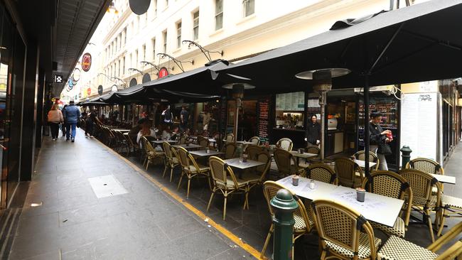 Melbourne’s Degraves Street hardly turned a crowd on Sunday as Prime Minister Scott Morrison introduced further measures to help stop the spread of COVID-19. Picture: Getty