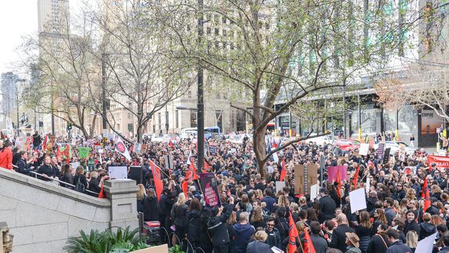 Striking teachers protest at Parliament House in Adelaide. Picture: Brenton Edwards