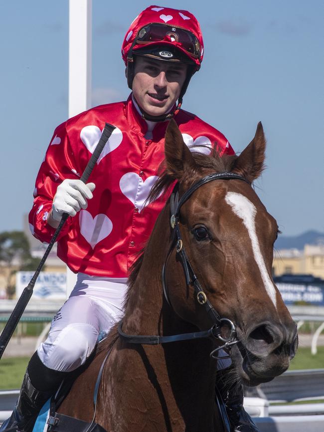 Jockey Baylee Nothdurft rode the Stuart Kendrick-trained Superare to victory in the QTIS Three-Year-Old Benchmark 65 Handicap at the Gold Coast Turf Club on Saturday, May 15, 2021. Picture credit: Greg Irvine, Magic Millions.