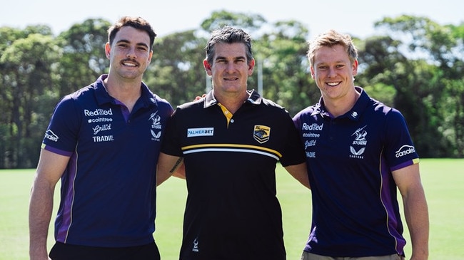 Melbourne Storm players Trent Loiero (left) and Tyran Wishart (right) with Sunshine Coast Falcons CEO Chris Flannery.