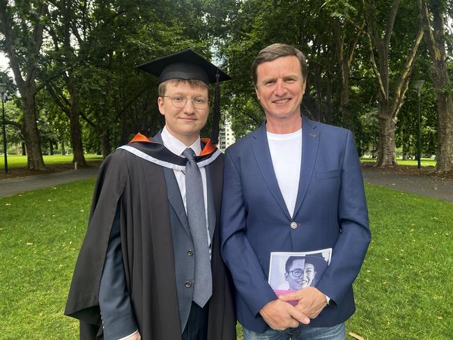 Matvey Makarov and Nikolai Makarov at the University of Melbourne's Faculty of Architecture, Building and Planning graduation ceremony at the Royal Exhibition Building on December 6, 2024. Picture: Harvey Constable