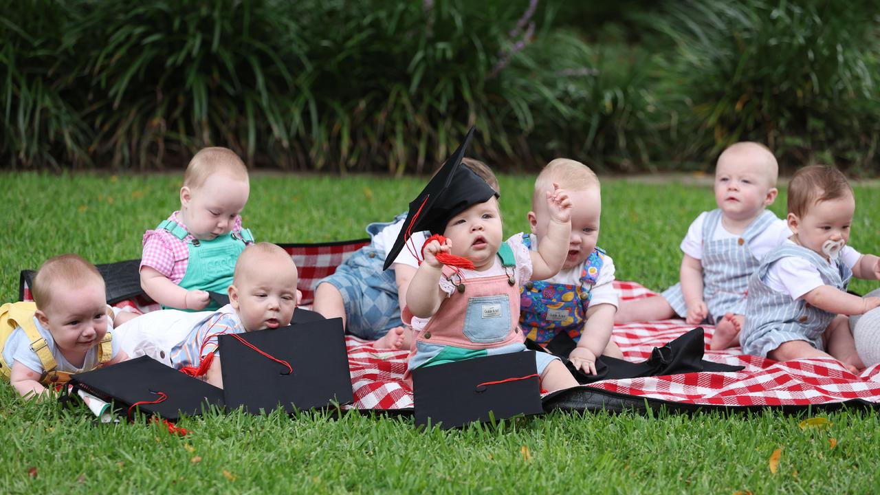 Triplets Aubrey, Stirling and Sophia Lyell; August, Edie and Owen Goya; and Ari, Eloise and Rocky Jones at Mater South Brisbane. Picture: Annette Dew