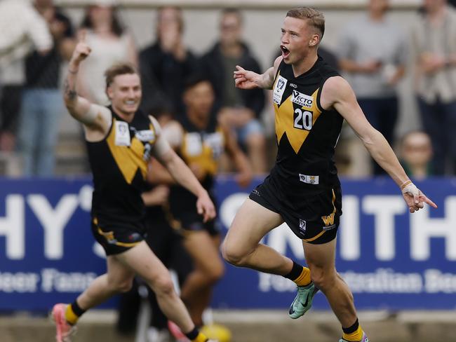 Flynn Young celebrates a goal during last year’s VFL Grand Final. Picture: Michael Klein