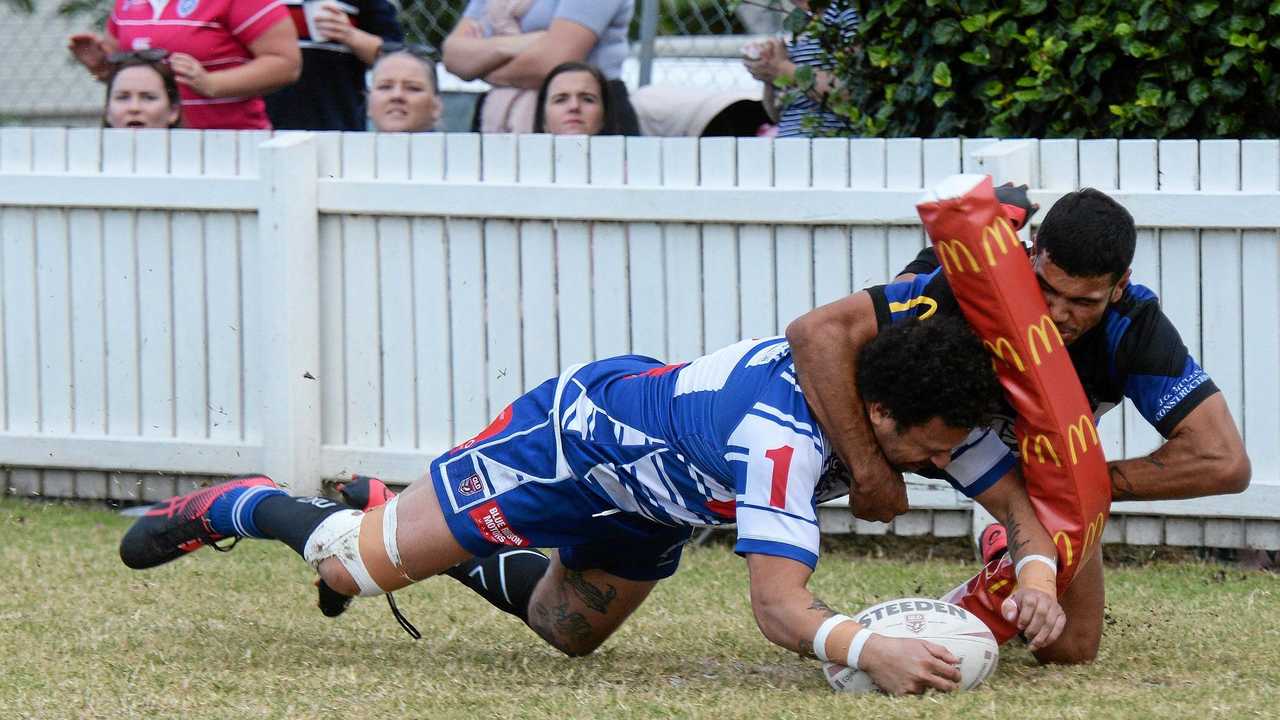 Brothers player Edward Pabai scores in the corner during last weekend's Rugby League Ipswich A-Grade win over Goodna. Picture: Rob Williams