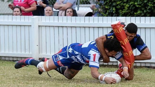 Brothers player Edward Pabai scores in the corner during last weekend's Rugby League Ipswich A-Grade win over Goodna. Picture: Rob Williams