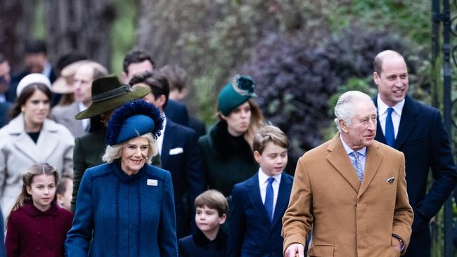 Princess Charlotte, Catherine, Princess of Wales, Camilla, Queen Consort, Prince Louis, Prince George, King Charles III and Prince William, Prince of Wales attend the Christmas Day service at Sandringham Church on December 25, 2022. Picture: Samir Hussein/WireImage