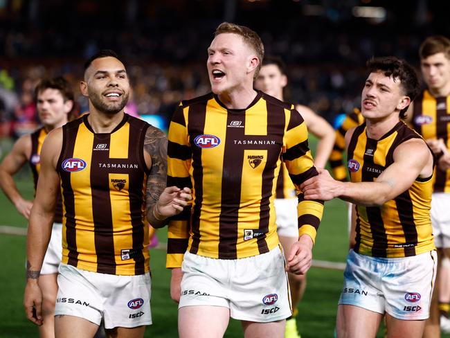 James Sicily had to be held back by Hawthorn teammates on Friday night. Picture: Michael Willson/AFL Photos