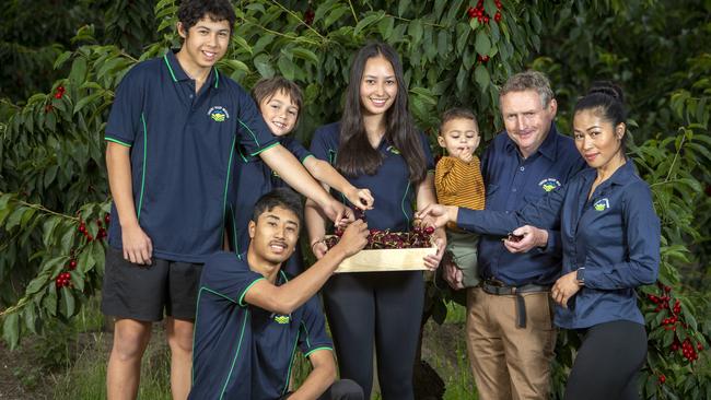 Cherry growing family the Hannafords, including Ethan, 13, Tony, 19, William, 9, Zoe, 16, Armanii, 2, Tony and his wife Thi. Picture: Emma Brasier.