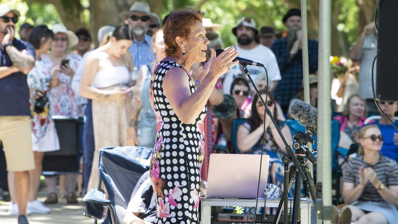 Senator Pauline Hanson speaks at the pro-choice community barbecue in Queens Park. Wednesday, December 22, 2021. Picture: Nev Madsen.
