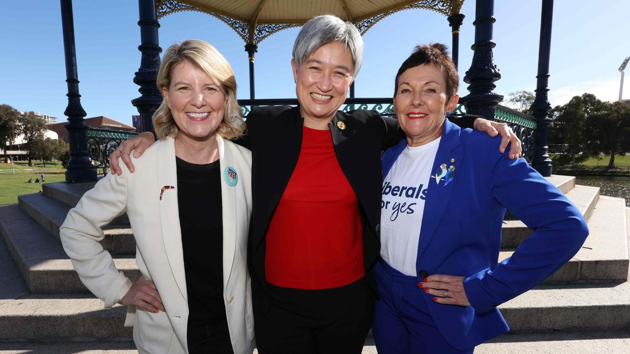 Supporters for the Yes vote in Adelaide on Wednesday (from left) Natasha Stott Despoja, former SA Senator and Leader of the Australian Democrats; Senator Penny Wong, Minister for Foreign Affairs; and Kate Carnell, former Liberal Chief Minister of the ACT. Picture: Emma Brasier