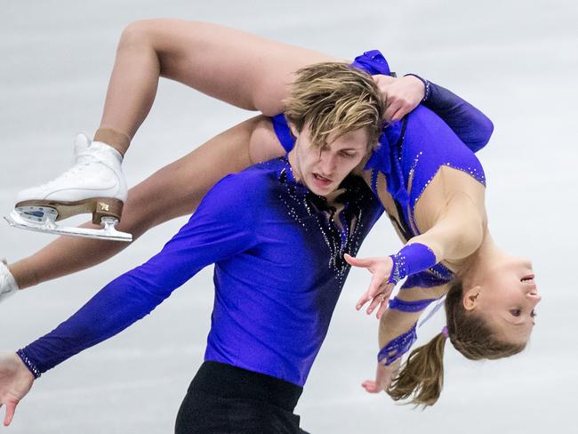 OSTRAVA, CZECH REPUBLIC - SEPTEMBER 02: Ekaterina Aleksandrovskaya and Harley Windsor of Austria compete during the junior pairs free skating on day two of the ISU Junior Grand Prix of Figure Skating on September 2, 2016 in Ostrava, Czech Republic. (Photo by Joosep Martinson - ISU/ISU via Getty Images)