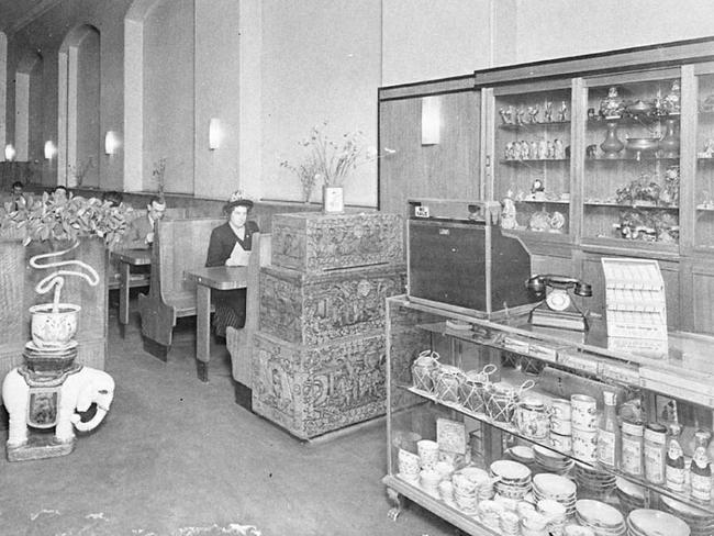 The interior of the Modern China Cafe at 651 George Street, in 1939, with its distinctive curved front windows.