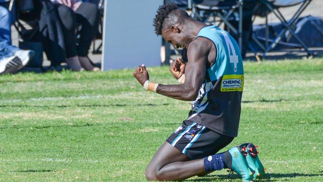 Portland player Aron Asfaha celebrates a late goal for the Thunder last season. Picture: AAP/Brenton Edwards