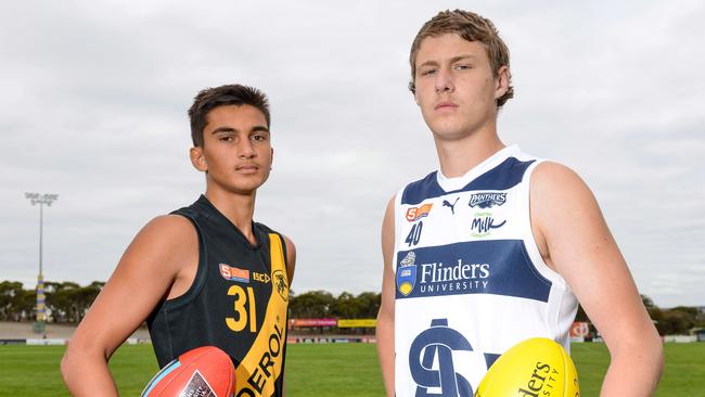 Glenelg’s Ashton Moir and South Adelaide’s Tom Schirmer are set for the under-16 grand final on Sunday. Picture: Brenton Edwards