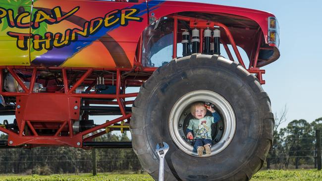 The V8 Tropical Thunder monster truck and Jasper Gordon, 2. Monster Trucks will be coming to the Royal Melbourne Show as well as the world first V8 powered giant ball driven by 60yo mad scientist and inventor Sam xuereb. Picture: Jason Edwards