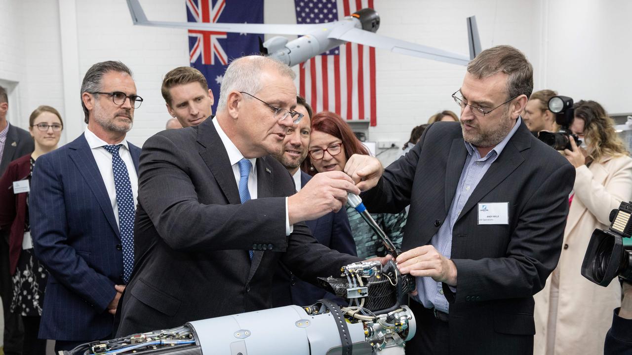 Scott Morrison visits Orbital UAV in Balcatta, Perth, on Friday. Picture: Jason Edwards