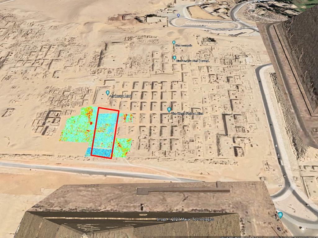 The mysterious underground structure (highlighted) is in the shadow of the world-famous Great Pyramid and Great Sphinx.. Picture: Archaeological Prospection