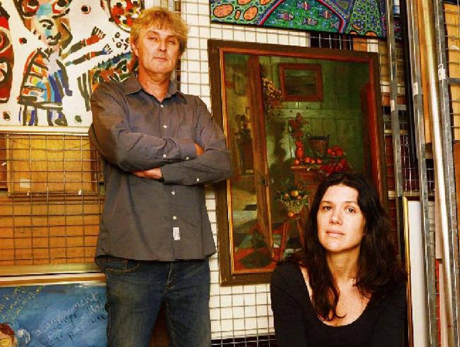 Pictured in the climate controlled storage room at the Lismore Regional Art gallery are John Page from Friends of the Gallery and gallery curator Kezia Geddes. The storage room is only 5 metres x 2.5 metres and too small to houseall the gallery collection. Picture: Jacklyn Wagner