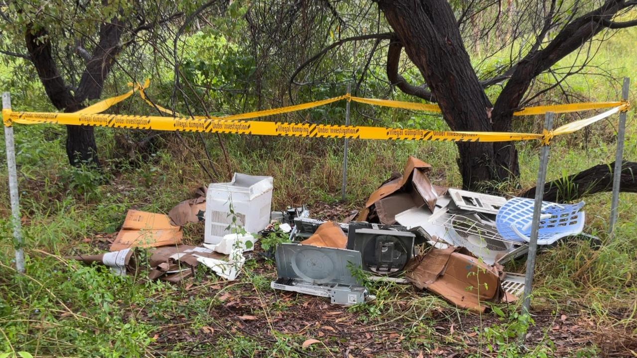 Dumped rubbish found in the Townsville Town Common in March, 2025. A ute was captured on remote cameras, and the driver was fined.