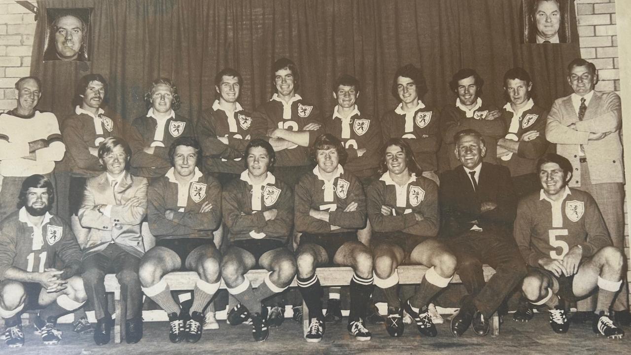 Newtown Lions 1973 premiers (back from left) Max Esplin (strapper), Frank Hedge, Graham Jenkins, Trevor Barron, Barney Meara, Tony Brunner, Russ Zimmerle, Doug Muir, Graeme Wockner, Kev Collins (manager); (front, from left) Brian Meara, Les Rabbitt (rubber), Ray Prouten, Robin Horn, Graham Tucker (coach), Ron Cameron, Sandy Brackin (manager) and Trevor Smith.