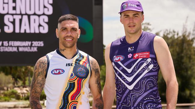 PERTH, AUSTRALIA - OCTOBER 22: Michael Walters & Jordan Clark of the Dockers pose for a photo during an Indigenous All Stars media announcement at Optus Stadium on October 22, 2024 in Perth, Australia. (Photo by Stefan Gosatti/AFL Photos/via Getty Images)