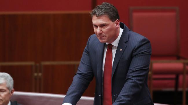 Senator Cory Bernardi gets emotional while delivering his valedictory speech in the Senate. Picture Kym Smith