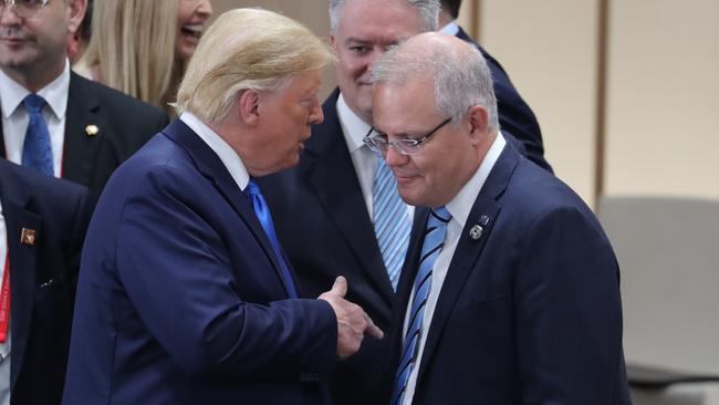 Scott Morrison talks to Donald Trump during the G20 in Osaka in June. Picture: Adam Taylor