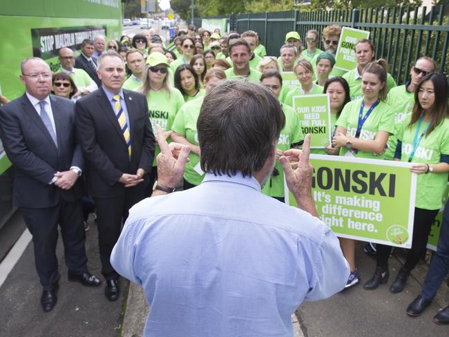 NSW Teachers Federation president Maurie Mulheron addressed teachers and parents. Picture: Melvyn Knipe