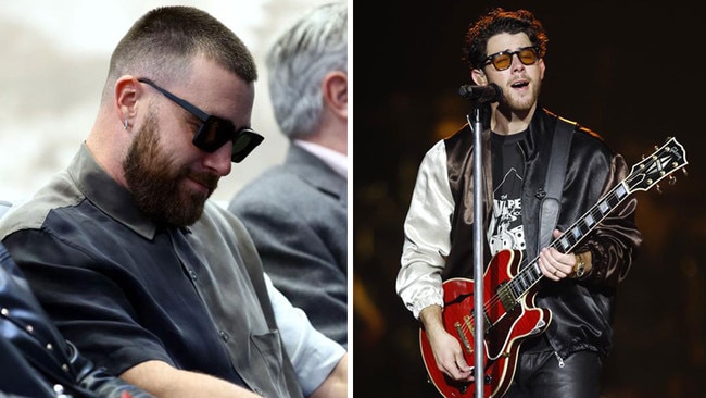 Travis Kelce wearing a $695 Songs for the Mute shirt, left, and Nick Jonas in a $1500 Songs for the Mute jacket. Pictures: Supplied