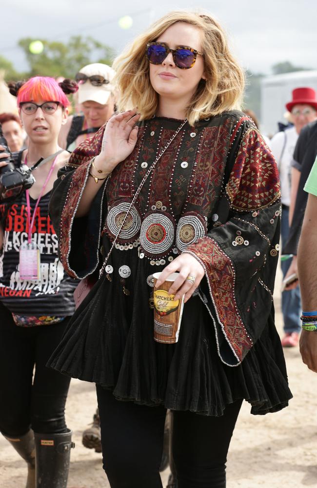 Adele backstage during the 2015 Glastonbury Festival, at Worthy Farm in Somerset. Picture: AAP