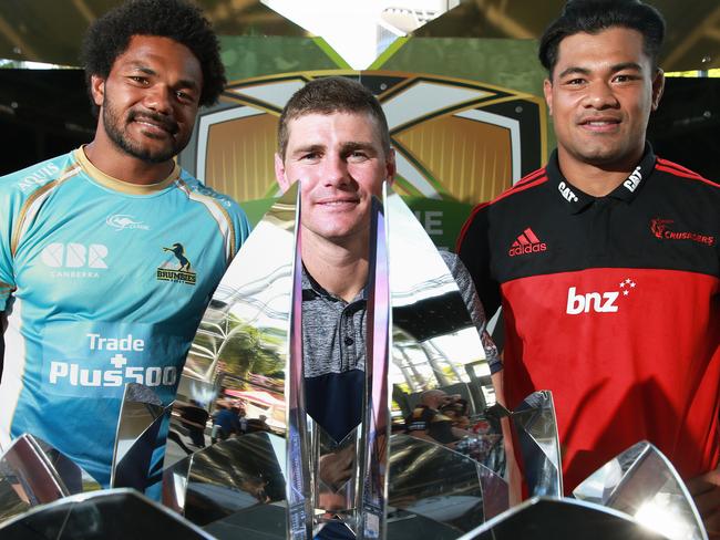 Henry Speight from the Brumbies, Berrick Barnes from the Panasonic Wild Knights and Jordan Taufua from the Crusaders at the Rugby Tens launch at the Courier Mail Piazza at South Bank ahead of the tournament this weekend. Photo: Claudia Baxter