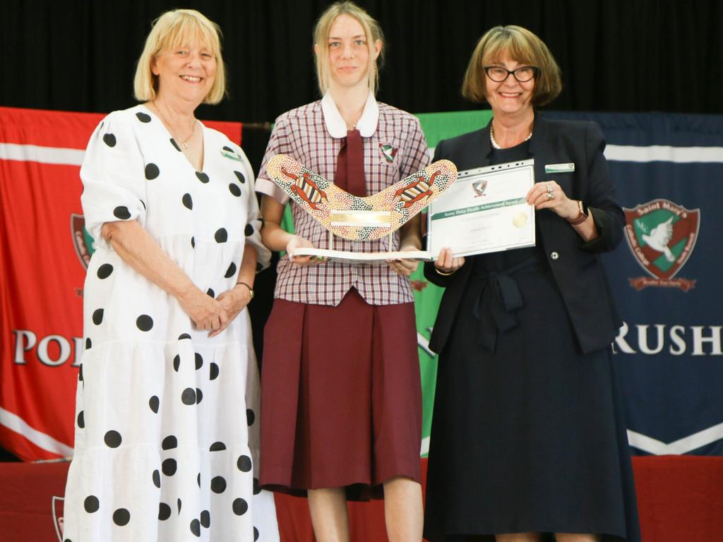 Saint Mary’s Catholic College 2023 Aunty Daisy Deadly Achievement Award. Head of College Mandy Sullivan, Jasmynne McEffer and College Principal Carmel O’Brien.