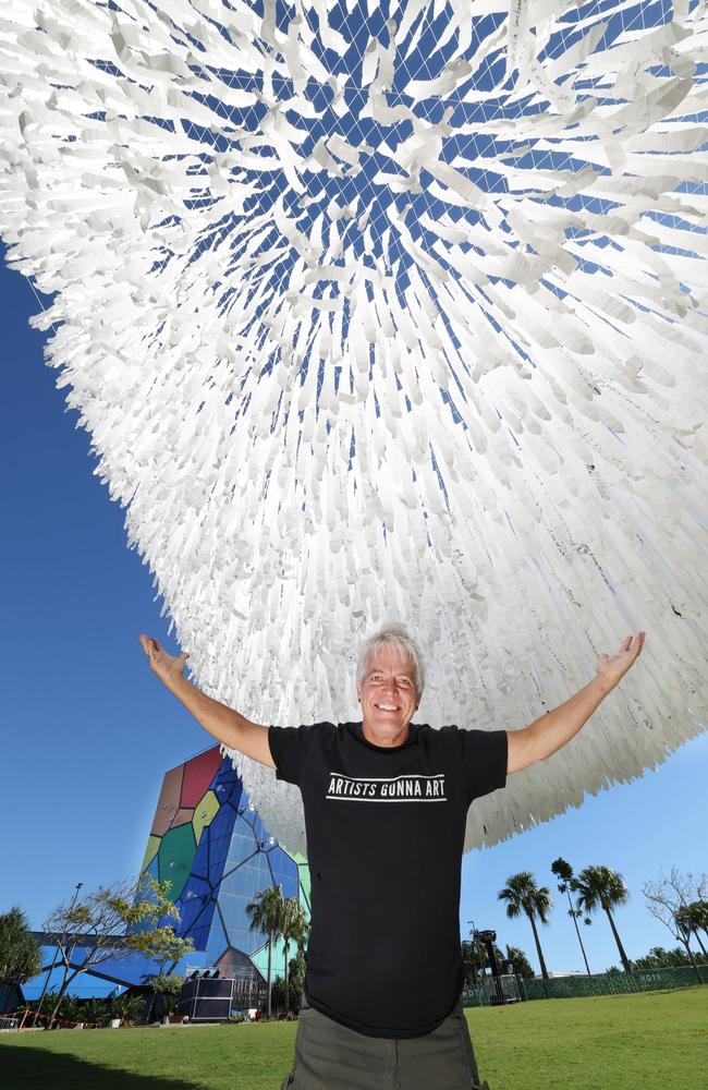 Patrick Shearn from Colorado with his Sky Net series installation called Cloud Play at HOTA . Pic Annette Dew