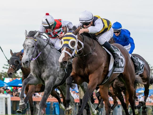 Derby report Femminile, ridden by Lachlan Neindorf, wins the South Australian Derby atMorphettville on Saturday. Picture: Makoto Kaneko