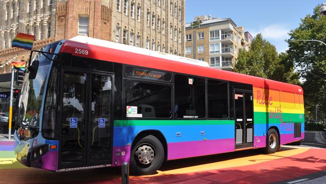 For the first time a rainbow decorated State Transit bus has taken to the streets of Sydney to celebrate the annual Gay and Lesbian mardi gras festival.