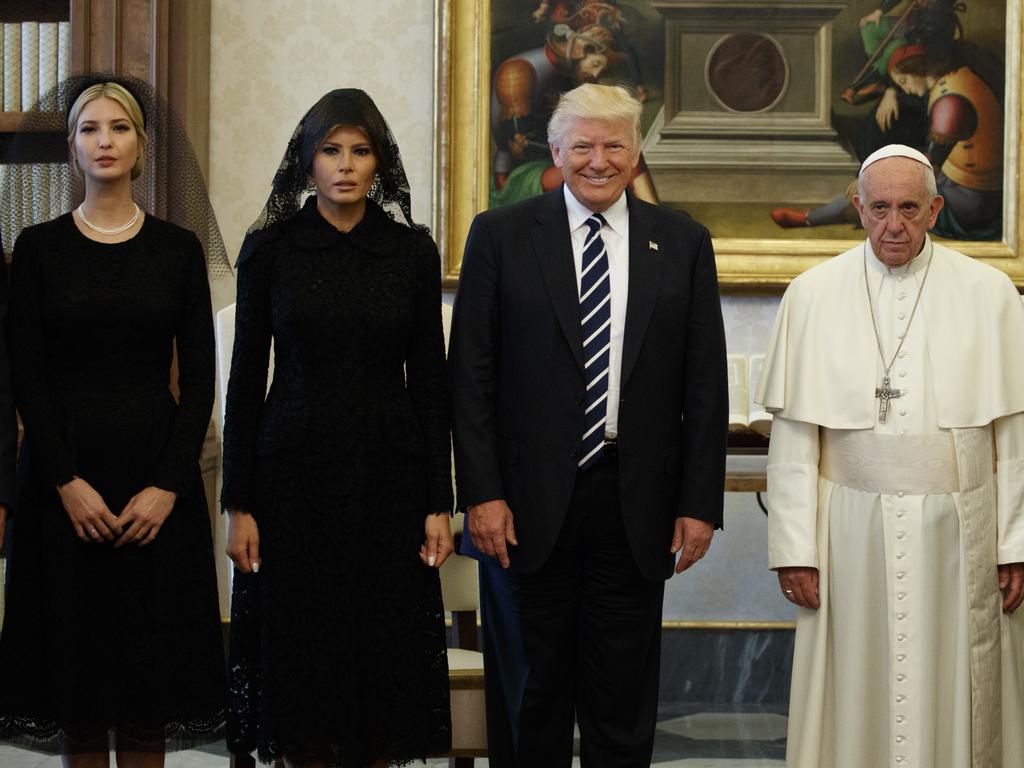 Ivanka Trump, first lady Melania Trump, and President Donald Trump stand with Pope Francis during a meeting. Picture: AFP