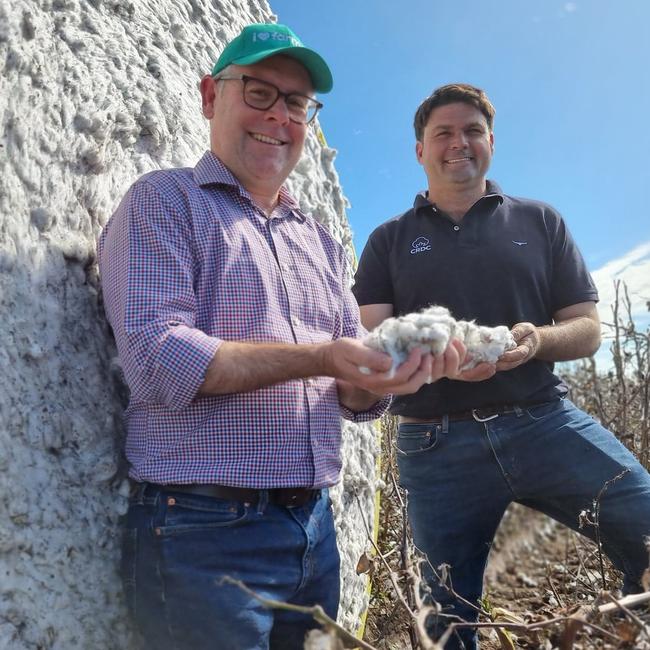 Senator Murray Watt (left) and Barwin's Cotton Farm Owner, Ross Burnett at Emerald in May. Picture: Supplied