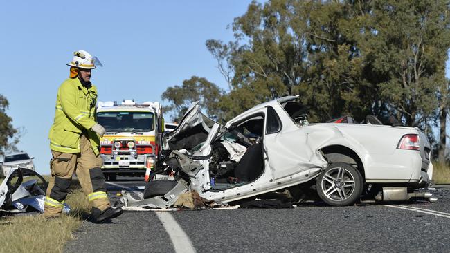 Emergency services at the scene of a fatal crash on the Gore Highway, after the Southbrook turn-off heading towards Pittsworth on Monday. Picture: Kevin Farmer