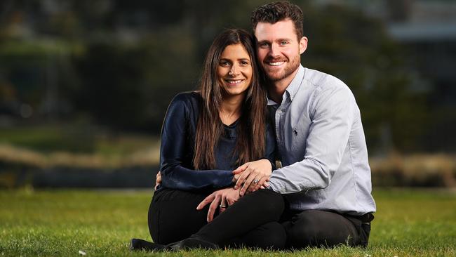 Charlie and Liv Gard, of Howrah, couldn’t hide their excitement or tears after winning $50,000 on Millionaire Hot Seat. Picture: ZAK SIMMONDS