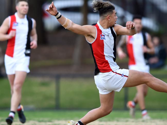 SFNL Football: Bentleigh v St Kilda City at Bentleigh Reserve. Tyrell Lafituanai scores goal with this kick on the move. Picture: Steve Tanner