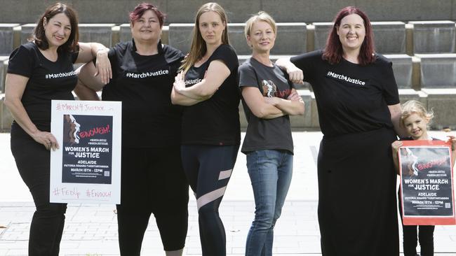 SA March 4 Justice organisers Samantha Battams, Raelene Linden, Tanysha Bolger, Kelly Fern and Jessica Carr with daughter Abbe Carr ahead of the rally in Adelaide on Monday. Picture: Emma Brasier