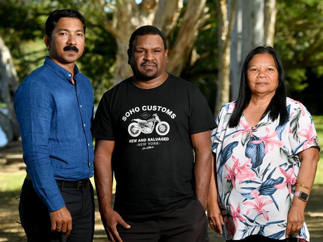 Wamae (centre) with Townsville Family Violence Support Services manager Anil Mathew Kaithakulath and YML Women's Shelters and Townsville Family Violence Support Services manager Brenda Lucas. Picture: Evan Morgan